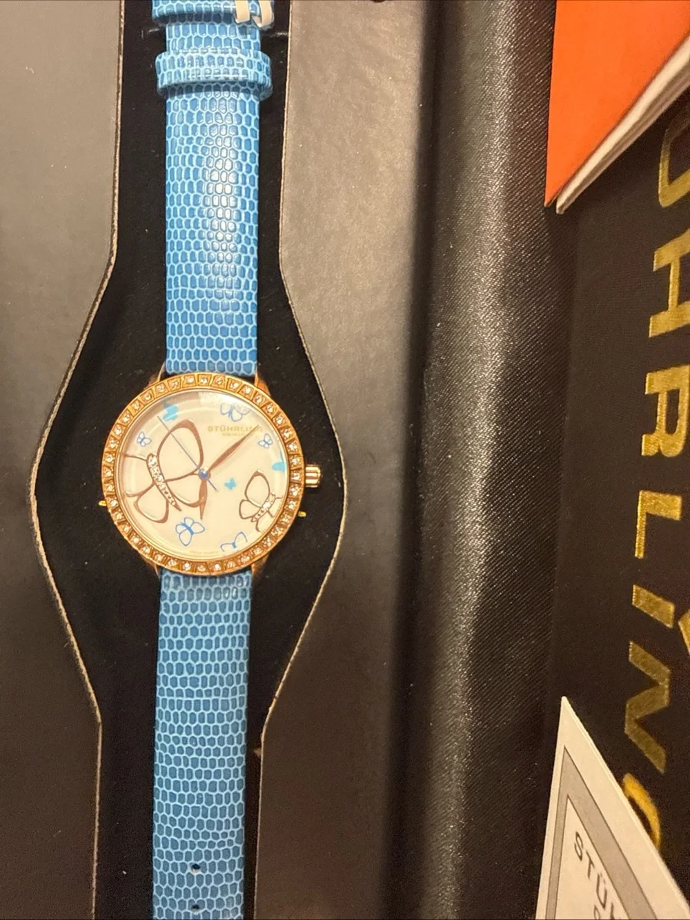 Stuhrling Original Blue Leather Strap Watch with Rose Gold Buckle